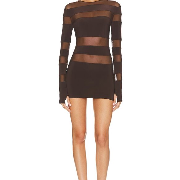 Norma Kamali Spliced Long Sleeve Pickleball Dress — Chocolate Mesh, Bodycon Mini - Picture 1 of 5